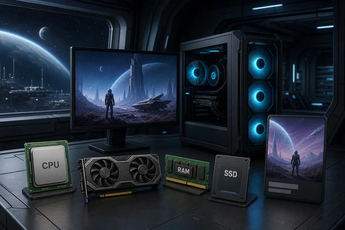 Visual editorial de requisitos de XenoFeels con hardware de PC, monitor, CPU, GPU, RAM y SSD